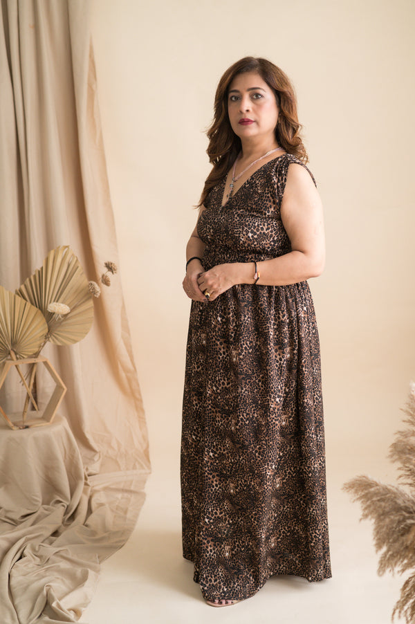 Long Leopard Print Maxi Gown With Waist Cut Pattern