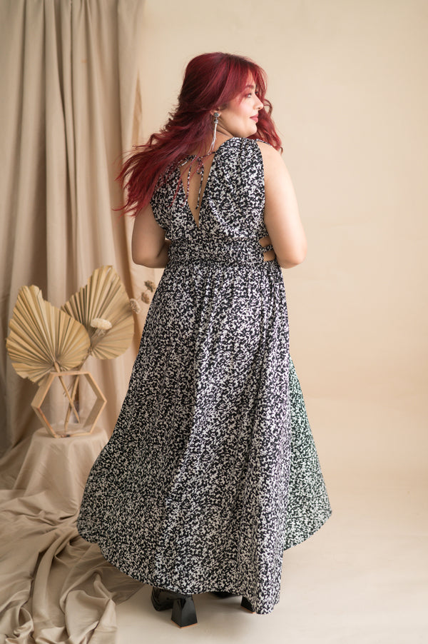 Long Printed Maxi Gown With Waist Cut Pattern