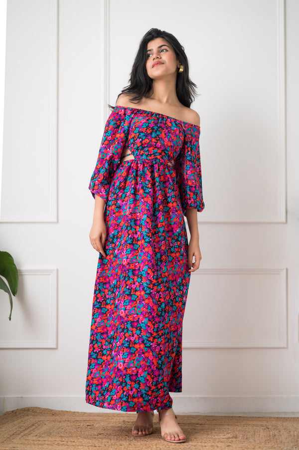 Floral Print Waist Cut Out Style Maxi Dress